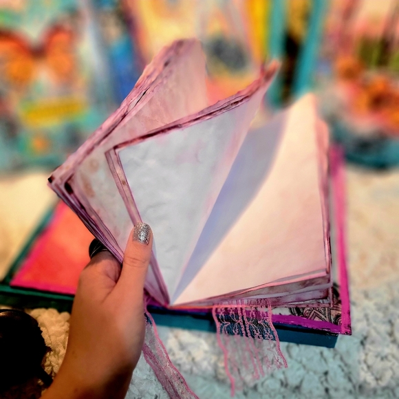 Rose Gold Pink Music and Butterflies Handmade Canvas Journal Hand Dyed Pages - Picture 7 of 12